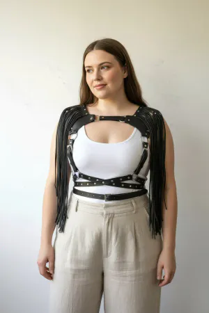 Black Studded Faux Leather Chest Harness with Shoulder Fringe