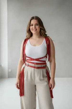 Red Fringed Faux Leather Body Harness with Caged Waist Front View