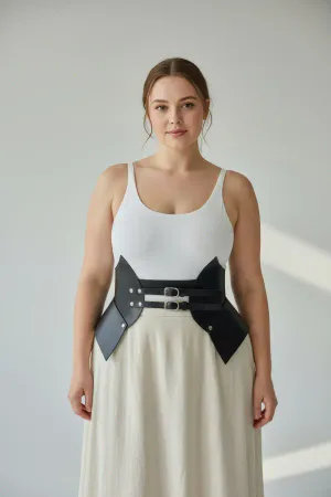 Black Faux Leather Structured Waist Cinch Harness Model Wearing