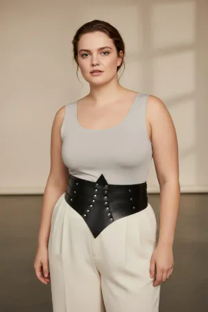 Black Faux Leather Studded Waist Cincher Bodice Belt Front View