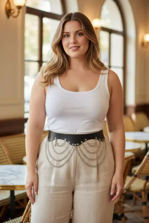Black Faux Leather Waist Belt Draped Silver Chains Plus Size