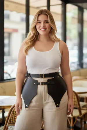 Black Faux Leather Hip Harness Double Waist Belt Women Gold Hardware