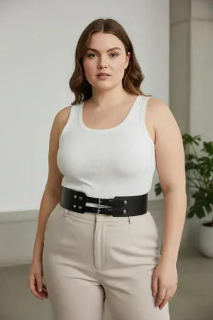 Black Faux Leather Double Buckle Waspie Waist Belt with Silver Studs on a model in a cafe