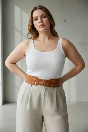 Tan Faux Leather Wide Corset Belt Double Buckle Waist Cinching