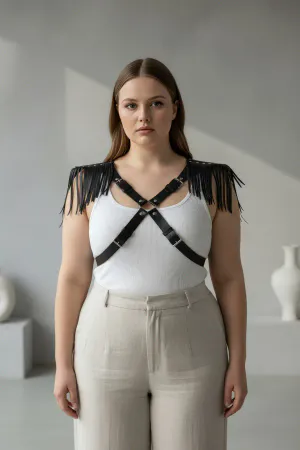 Black Faux Leather Fringed Shoulder Chest Harness Women with X-Straps