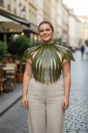 Olive Faux Leather Ribbed Cage Shrug Harness Top with Rivet Details