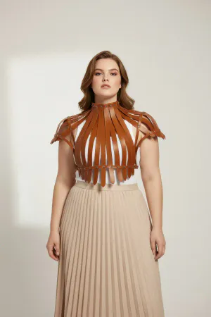 Tan Faux Leather High-Neck Harness Top with Stud Details