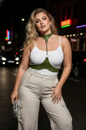 Olive Green Faux Leather Chest Harness Choker Chain Detail Women