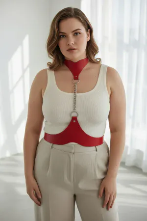 Red Vegan Leather Choker Chain Waist Harness Woman