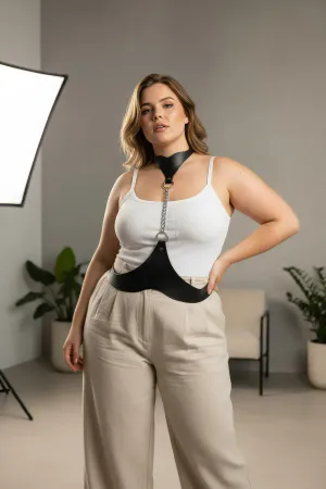 Black Faux Leather Collar-to-Waist Chain Harness worn by a plus size woman, styled over a white camisole