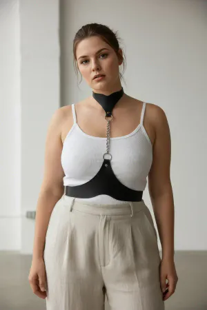Black Faux Leather Collar-to-Waist Chain Harness worn by a plus size woman, styled over a white camisole