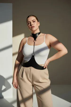Black Faux Leather Collar-to-Waist Chain Harness worn by a plus size woman, styled over a white camisole