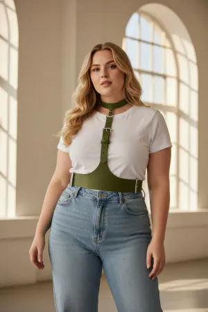Olive Vegan Leather Chest Harness and Wide Waist Belt Front View