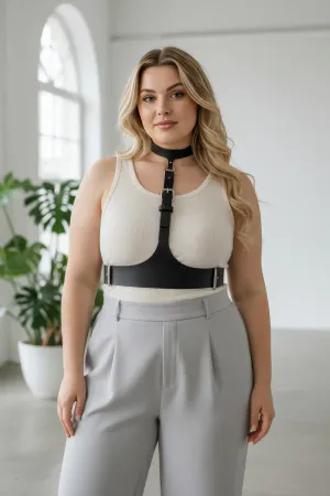 Black Faux Leather Choker Underbust Harness Worn Over White Camisole
