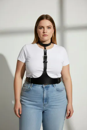 Black Faux Leather Choker Underbust Harness Worn Over White Camisole