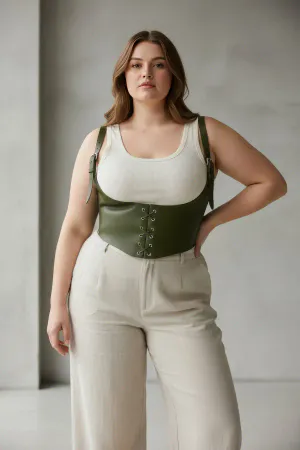 Khaki Faux Leather Underbust Corset Harness Top Lace-Up Front