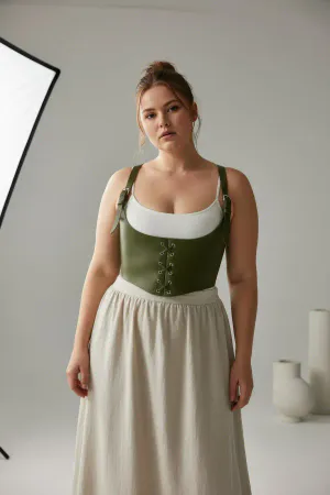 Khaki Faux Leather Underbust Corset Harness Top Lace-Up Front