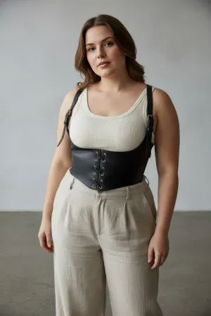 Black Faux Leather Underbust Corset Harness Front Lace-Up Buckle Straps