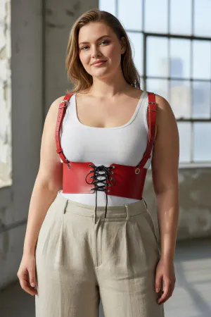 Red Faux Leather Underbust Harness Women Front Lace-Up Adjustable Straps