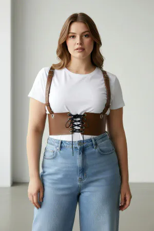 Brown Faux Leather Underbust Corset Style Harness Belt with Front Lacing