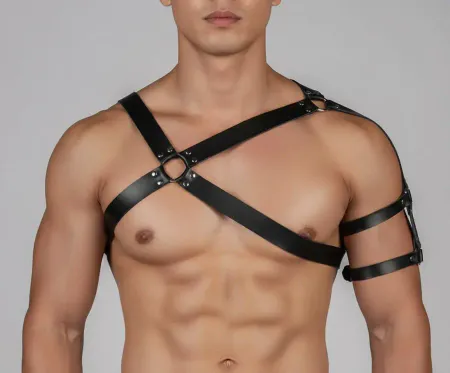 Black Vegan Leather Asymmetric Chest and Arm Harness Front View