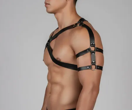 Black Vegan Leather Asymmetric Chest and Arm Harness Front View
