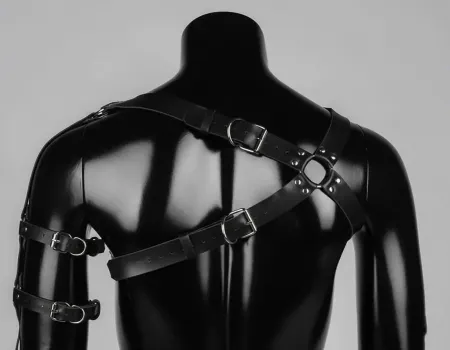 Black Vegan Leather Asymmetric Chest and Arm Harness Front View
